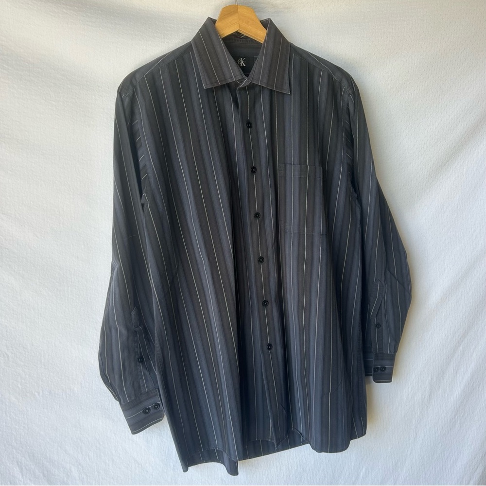 Calvin Klein Men's Dark Blue Black Striped Dress Shirt